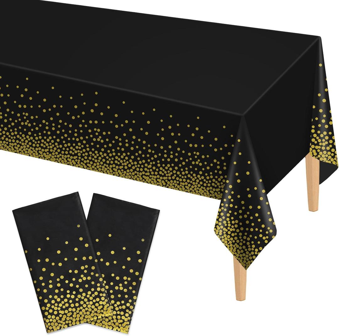Kopokita 2 Pack Black and Gold Dot Disposable Tablecloths 54"x108", Waterproof Plastic Table Covers for Weddings Birthday Engagement Party Baptism Decorations