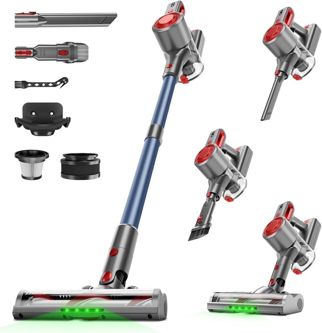 Cordless Vacuum Cleaner for Home, Powerful Stick Vacuum with Rechargeable Battery, Green Light Anti-Tangle Brush, 6-in-1 Lightweight Handheld Vacuum for Pet Hair, Hard Floor, Carpet, Red