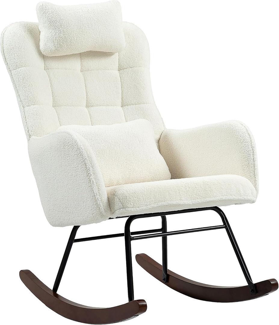 HOMCOM Upholstered Rocking Chair with Headrest and Lumber Pillow, Teddy Fleece Modern Rocker Chair with High Back, Steel Frame and Beech Wood Base for Living Room, Bedroom, Cream White
