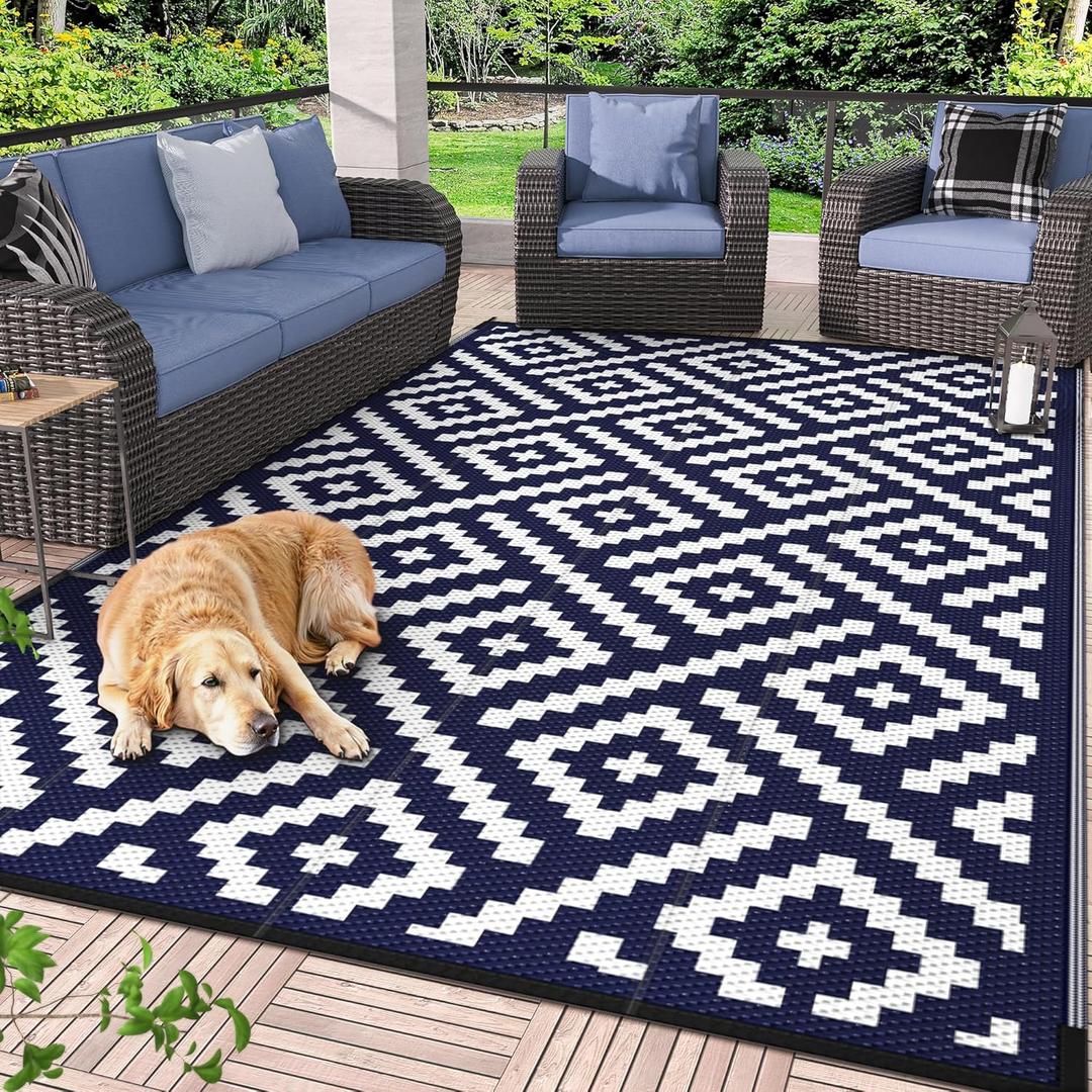 GENIMO Outdoor Rug for Patio Clearance,6'x9' Waterproof Mat,Reversible Plastic Camping Rugs,Rv,Deck,Porch,Camper,Balcony,Backyard (Navy Blue & White)