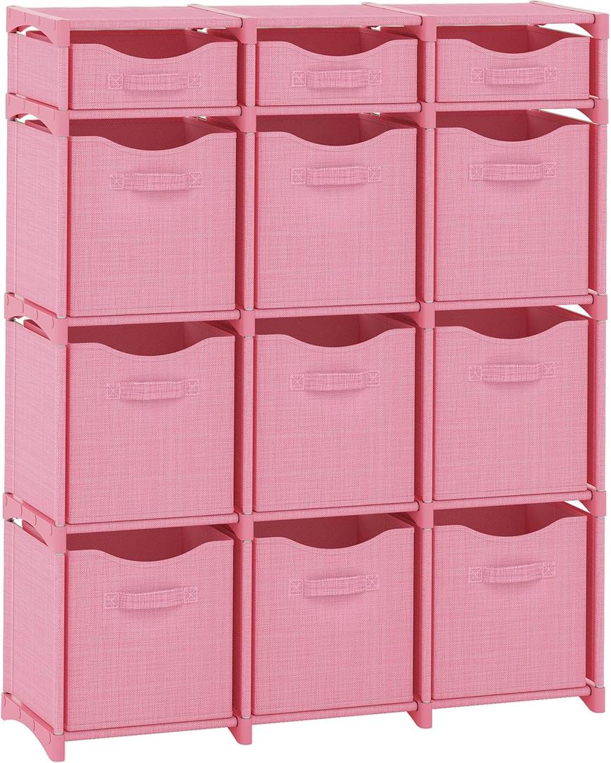 12 Cube Storage Organizer With Bins Included - Closet Storage With 12 Storage Bins - Easy To Assemble Storage Unit With Drawers - Closet Organization For Clothes, Bedroom, Nursery, & Toys (Pink)