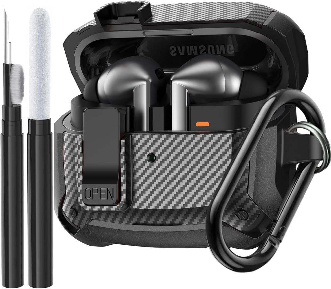 Compatible Samsung Galaxy Buds 3 Pro Case/Bud3 Cover Lock Clip for Men, Military Shell Galaxy Buds Pro 3/ Bud 3 Protective Armor Skin with with Cleaner Kit & Carabiner, Black