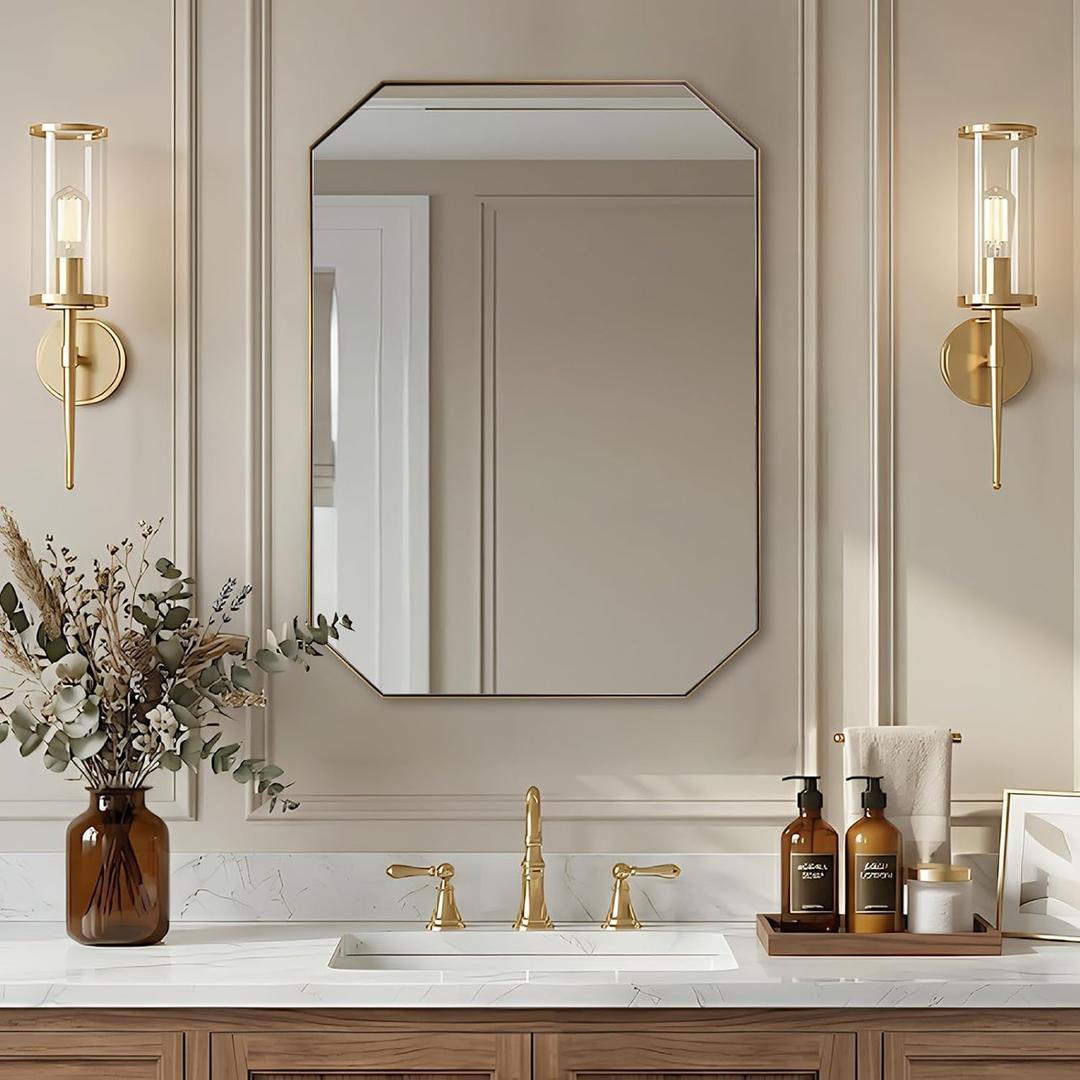 Gold Octagon Bathroom Mirror, 22x30 Inch Stainless Steel Metal Frame, Anti-Rust, Shatterproof HD Glass, Wall Mounted for Bathroom, Bedroom, Living Room