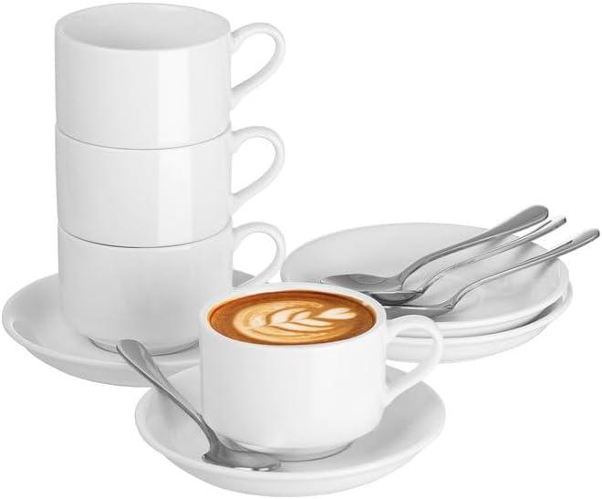 Stackable Espresso Cups and Saucers Set with Stainless Steel Spoons for 4, 2.5oz Ceramic Demitasse Cups, Durable Porcelain Coffee Cups for Hot Drinks, Tea, Gifts-White (Small)
