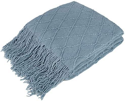 PAVILIA Dusty Blue Knit Throw Blanket for Couch Bed, Soft Knitted Farmhouse Sofa Throw for Living Room, Lightweight Decorative Summer Throw Blanket for Chair, Outdoor Textured Boho Blanket, 50x60