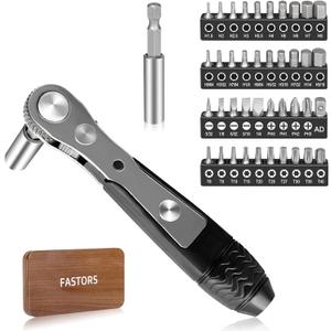 Right Angle Screwdriver, 42 PCS 1/4 Mini Ratchet Set, 90 Degree Offset Ratcheting Wrench, Hex/Torx/Slotted/Phillips Magnetic Bits, Stocking Stuffers for Men & Women