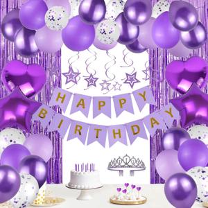 Purple Happy Birthday Decorations Kit, Purple Confetti Balloons Birthday Party Supplies for Women Girls Boys, Happy Birthday Banner, Hanging Star Cutouts, Fringe Curtains, Cupcake Toppers, Crown