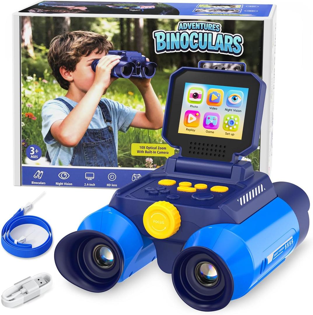 Kids Binoculars with Night Vision Camera, 10X Zoom Digital Adventures Telescope with 2.4" IPS Screen, Nature Explorer STEM Toys for Bird Watching Camping, Gifts for Boys Girls Age 4-12 - Azure