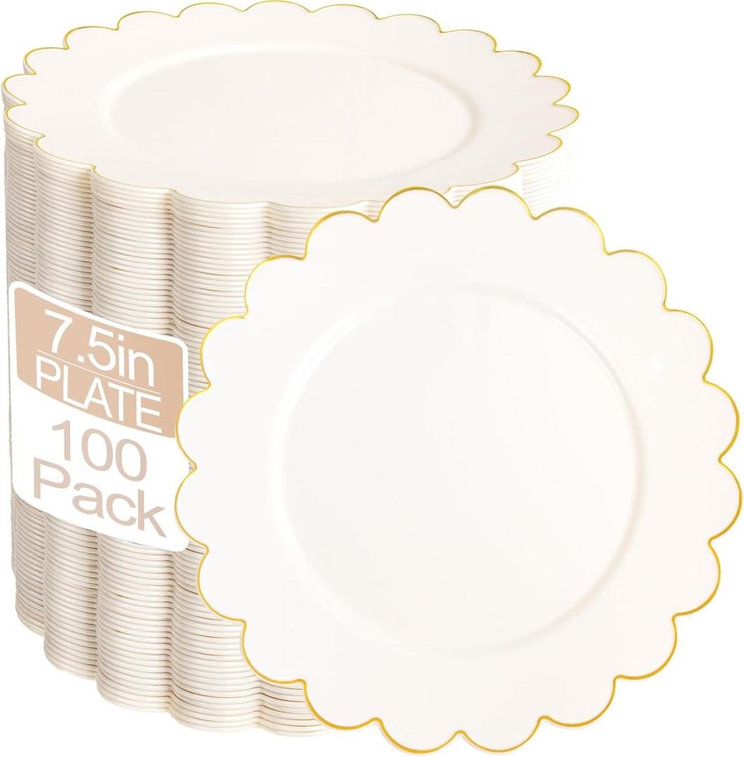 LIYH 100 Pcs Ivory Plastic Plates with Gold Rim- Dessert Plates 7.5" Disposable Scalloped Fancy Gold Plastic Plate, Baby Shower Cake Plate Party Tableware Dishes