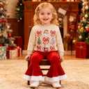 Toddler Girl Christmas Outfit Santa/Christmas Tree Sweatshirt+Velvet Bell-Bottoms Clothes (12-18 Months, Bow-red)