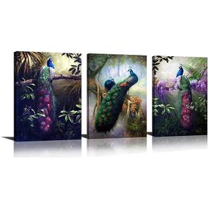 HLJ ART Modern Colorul Peacock Wall Decor 3 Panels Large Animals Painting Prints on Canvas for Home and Office Decoration