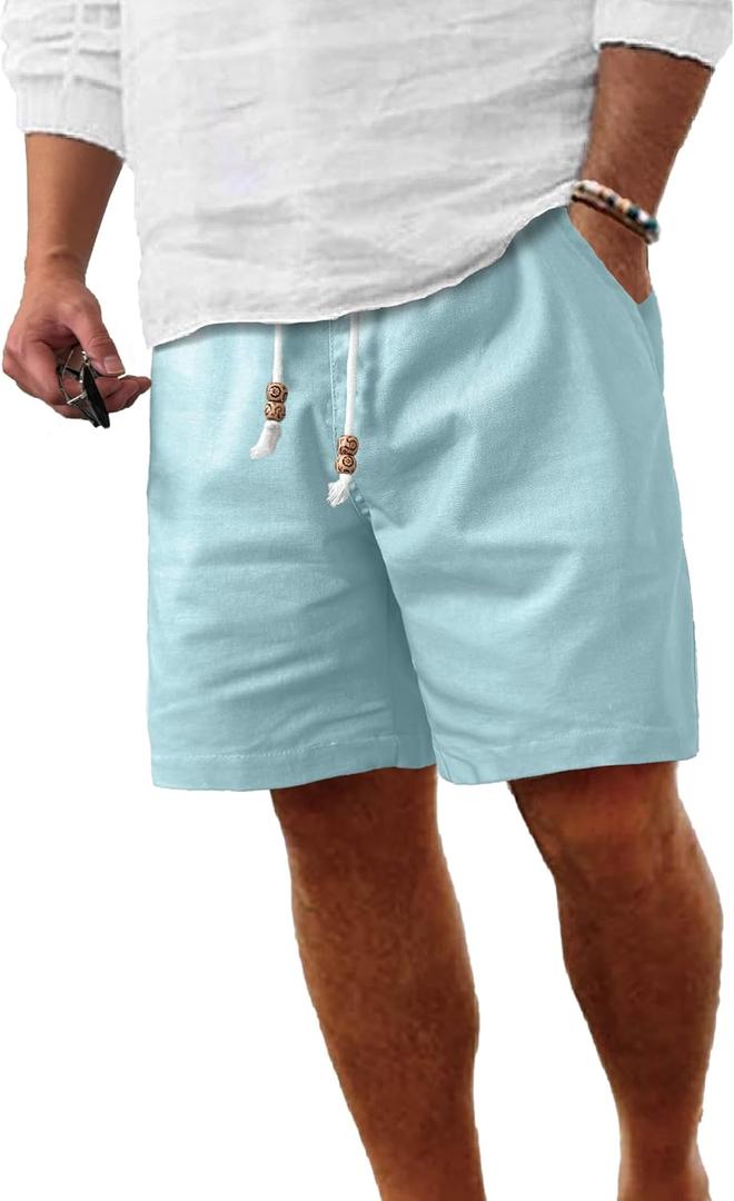 Comdecevis Men's Linen Shorts Casual Elastic Waist Drawstring Summer Beach Vacation Yoga Golf Shorts with Pockets (Blue, XL)