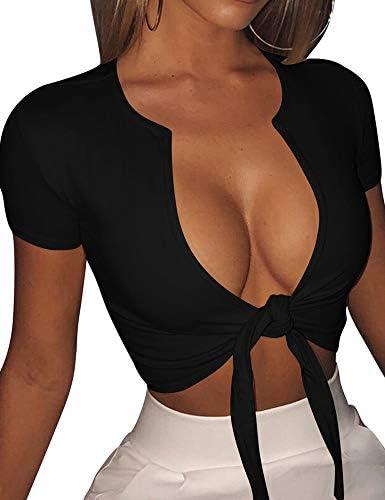 BORIFLORS Women's Sexy Tie Up Crop Top Short Sleeve Deep V Neck Casual Basic T Shirt, XL