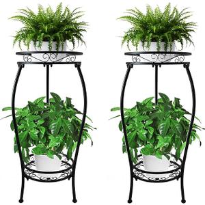 CASIMR 2Pack Plant Stand Indoor Outdoor, 2 Tier 26.6" Tall Metal Potted Holder Rack Multiple Flower Pot Stand Heavy Duty Plant Shelf Rustproof Iron Plant Round Supports Rack