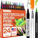ARTISTRO 24 Watercolor Markers with Flexible Brush Pens for Pros & Beginners - Consistent, Smooth, Washable, Non-Toxic, Ideal for Coloring, Calligraphy, & Manga