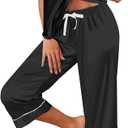 Remidoo Women's Short Sleeve V Neck Shirt With Capri Pants Satin Silk Pajama Set 2 Piece Pj Black Medium