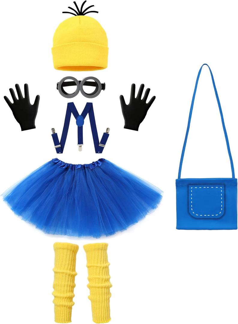 7Pcs Girls Yellow Costume Accessories Set Kids Halloween Cosplay Outfit with Beanie Goggles Gloves Suspenders Tutu Skirt Socks Crossbody Bag