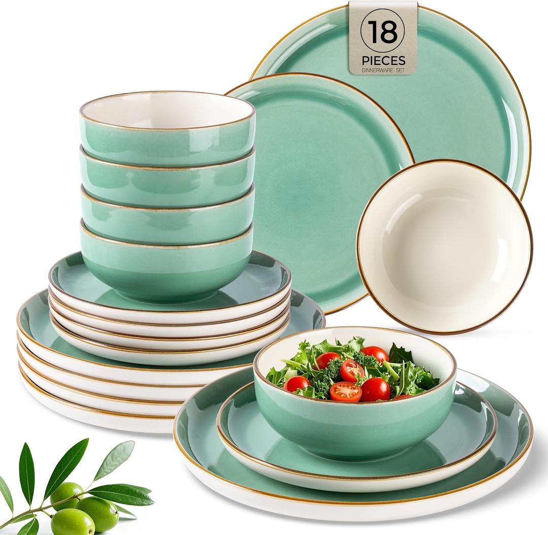 GBHOME Ceramic Dinnerware Sets, 18 Pieces Stoneware Dinnerware Set, Plates and Bowls Sets, Dishwasher & Microwave Safe,Dishes Set | Service for 6 (Light Blue)