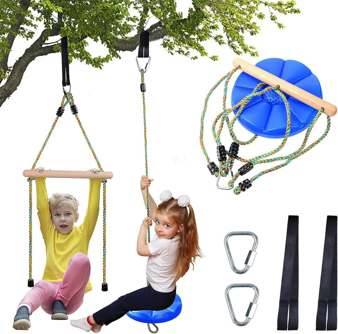 Disc Swing for kids Tree Swing Set Accessories Rope Swing Adjustable Swing Set With Monkey Bars 1 Carabiner 2 Added Hanging Straps 3IN1 Heavy Duty Swingset for Zipline Outdoor Backyard Playground Blue