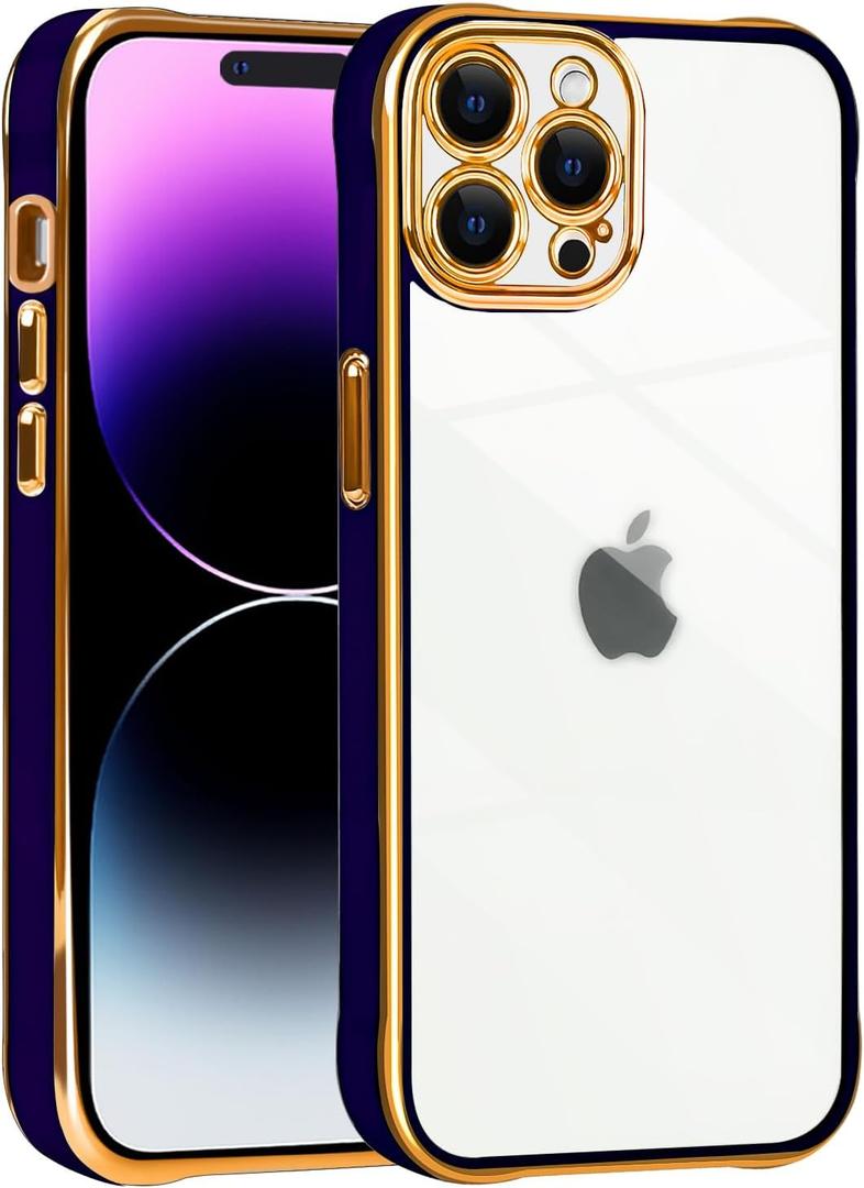 Glitter Case for iPhone 14 Pro Max [Shockproof Four Corners ] [Not-Yellowing] Clear Sparkle Camera Protection Plating Phone Case Cover for iPhone 14 Pro Max Women Girls Deep Purple