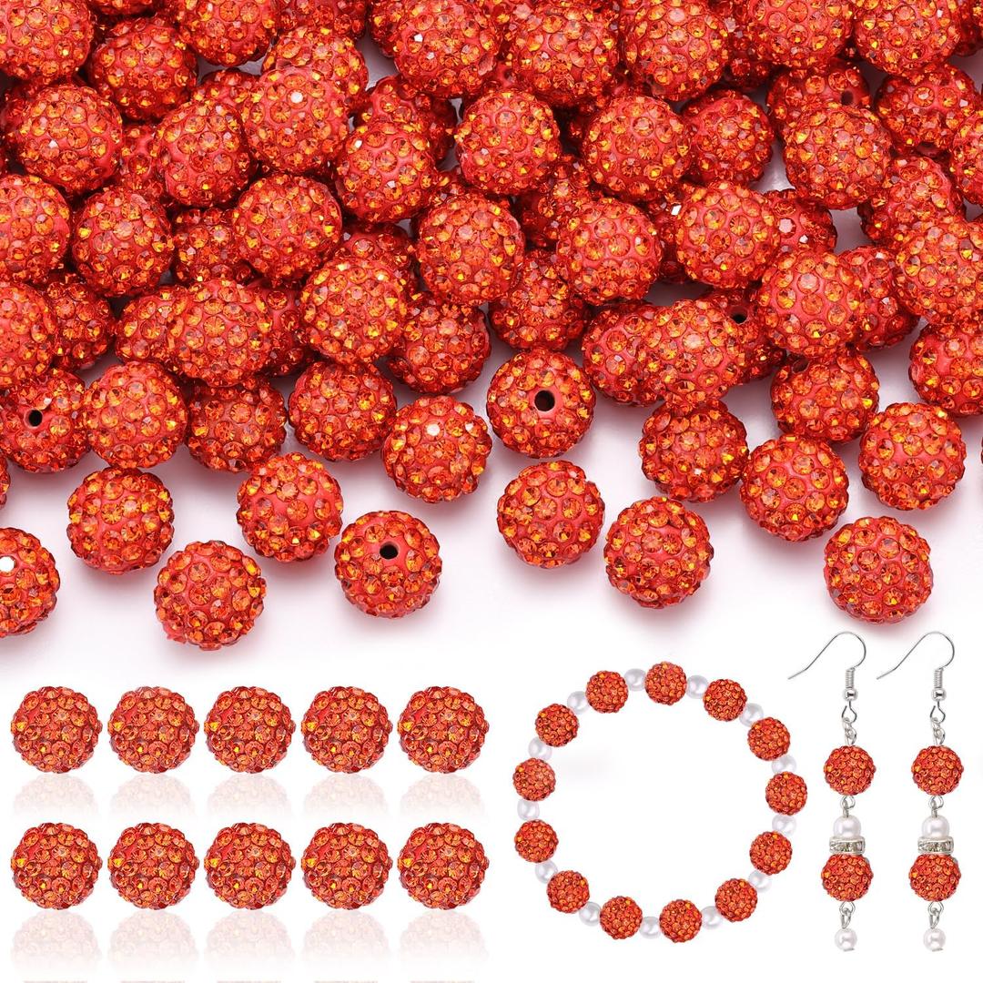 105pcs 10mm Rhinestone Beads for Jewelry Making, Orange Shiny Round Disco Ball Beads Bulk, Sparkle Crystal Clay Christmas for Bracelet Baseball Necklace Earring Crafting and DIY