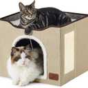 Bedsure Cat Beds for Indoor Cats - Large Cat Cave for Pet Cat House with Fluffy Ball Hanging and Scratch Pad, Foldable Cat Hideaway, 16.5x16.5x13 inches, Brown (Single)