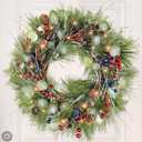 Timer - 20 Inch Lighted Christmas Wreaths for Front Door, Winter Wreath with 30 LED Lights Snowy Pine Needles Eucalyptus Cypress Leaves Pinecones Red Blue Berries Xmas Wreath for Window Wall Mantle (Green)