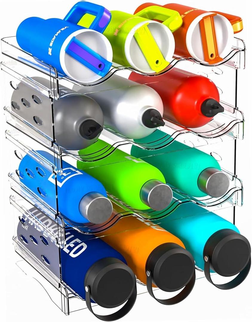 Stackable Water Bottle Organizer for Cabinet,for 40 oz Stanley Cup Storage Organizer,Clear Wine Bottle Holder and Cup Organizer for Kitchen Cabinets,Countertop and Refrigerator,4 Tier Hold 12 Bottle