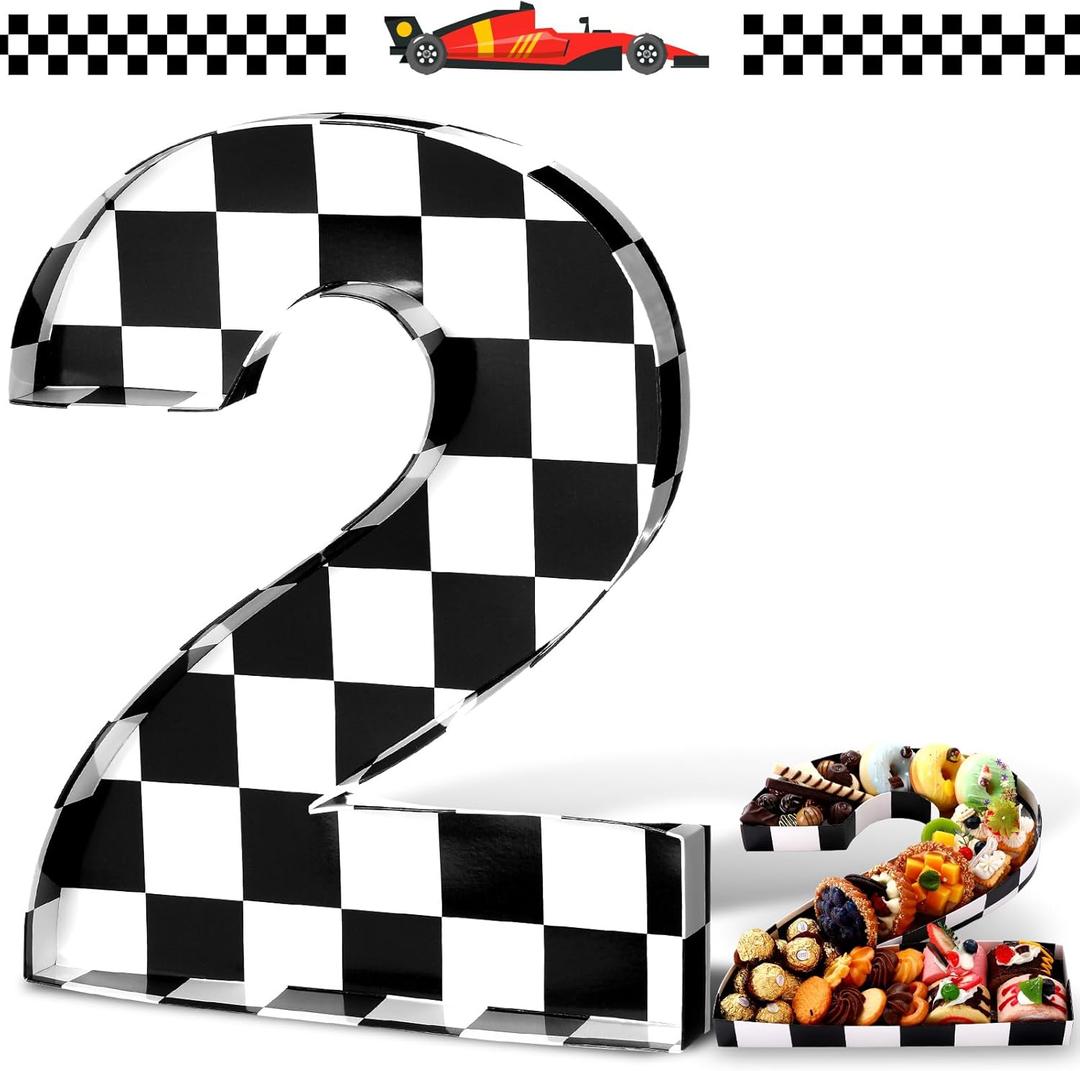 Mifoci 13.7" Race Car Cardboard Fillable Number Box for Charcuterie Fast Birthday Party Decor 1st 2nd 3rd 5th Number Shaped Box Black and White Checkered Snack Paper Mache Tray for Party Supplies (2)
