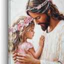 QIXIANG Religious Canvas Wall Art Jesus and Little Girl Prayer Picture Prints Pink Christian Painting Easter Christmas Gift Home Decor Framed(Pink,24L x 16W)