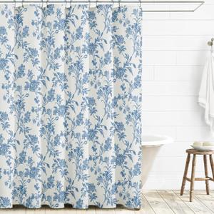 Extra Long Shower Curtain Blue Floral Cotton Cottagecore Shower Curtain for Bathroom 72" W x 90" L