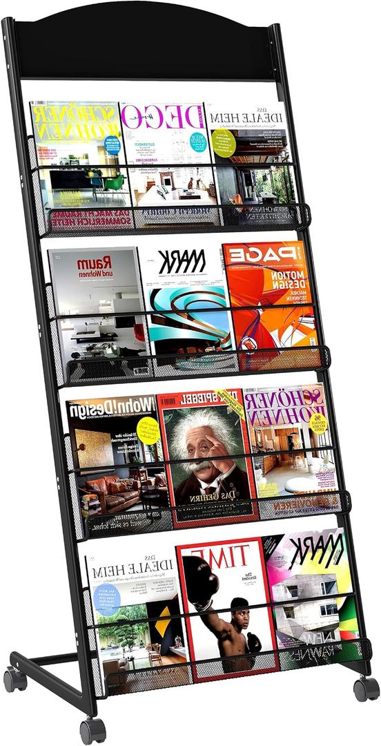 Brochure Display Stand 4 Layer Floor-Standing Magazine Rack Literature Newspaper Catalog Display Holder with Wheels and Top Billboard for Exhibitions,School, Hotel, Hospitals, Offices (Black)
