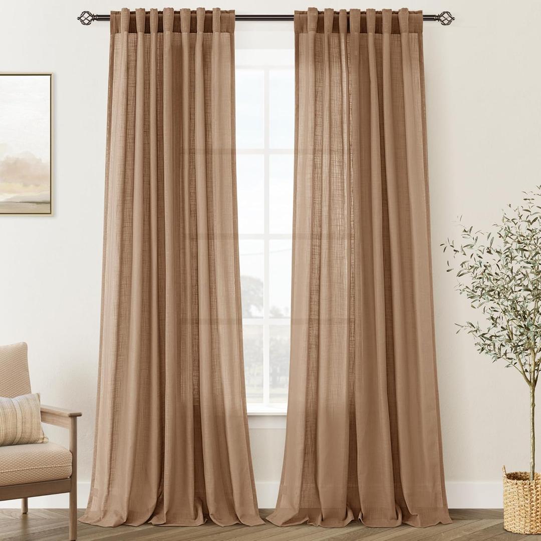 Brown Curtains for Living Room Back Tab Modern Farmhouse Semi Sheer Curtains 132 inches Long 2 Panels Set Muted Neutral Window Curtain for Dining Room Bedroom 52x132
