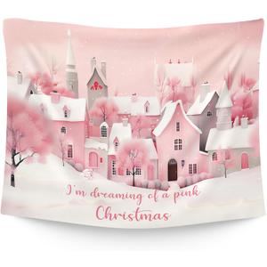 WAITPI Pink Christmas Winter Village Hanging Wall Tapestry for Girls Bedroom Holiday, Cute I'm Dreaming of A Pink Xmas Wall Tapestries Hanging for Teens Girls Room Dorm Decor 40x30 inches