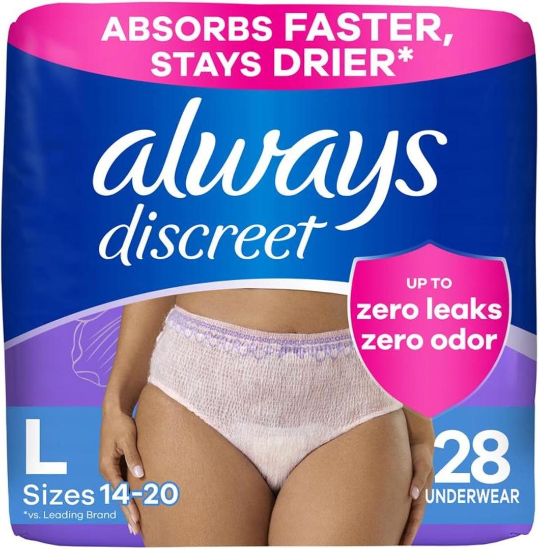 Always Discreet Adult Diapers for Women, Incontinence Underwear, Postpartum Essentials, Disposable Briefs, Max Absorbency, Bladder Leak Protection, Large, 28ct