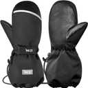 MCTi Kids Mittens Waterproof Winter Ski Warm Sherpa Lined Long Cuff with String (Black, Small(Fits 12-16 Years))