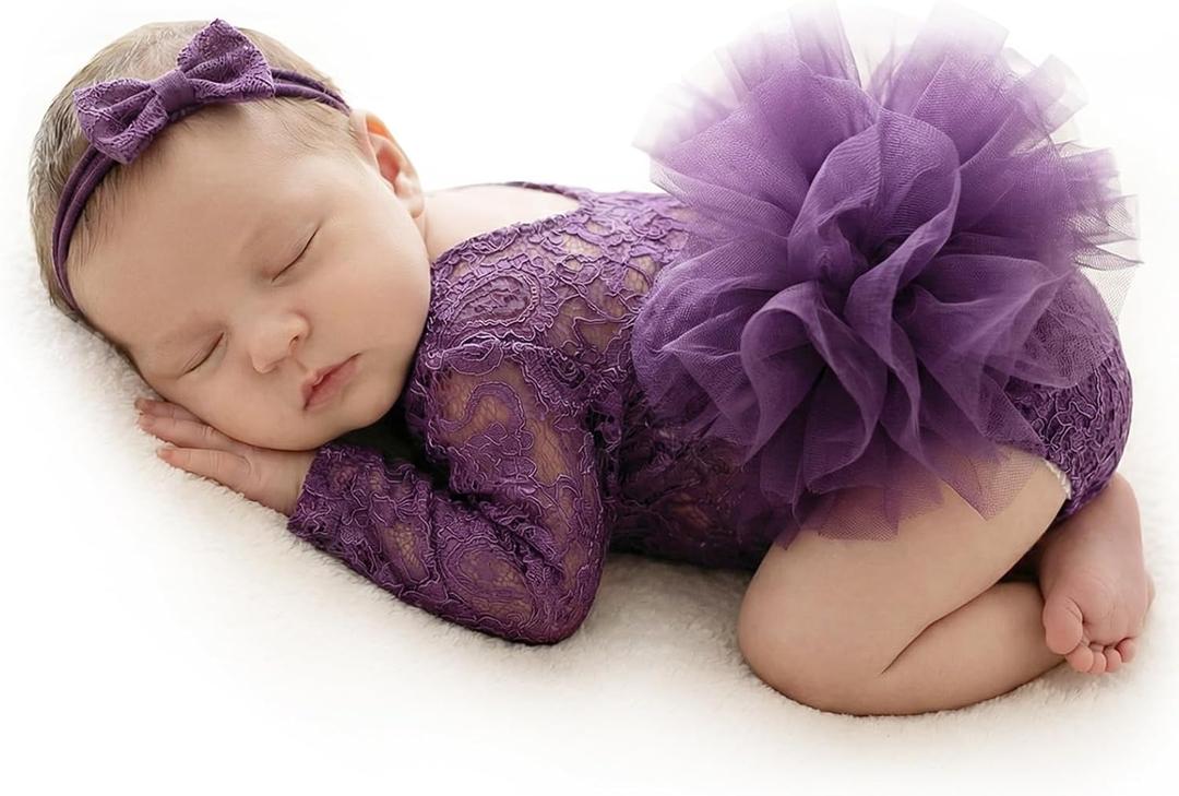 ForBaysy Newborn Photography Props Newborn Lace Romper Set with Matching Headband – Infant Baby Girl Outfit for Photoshoot