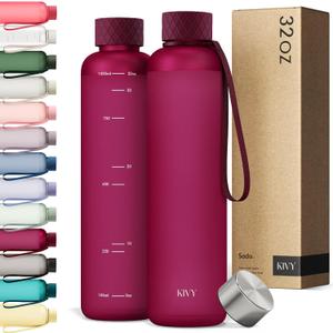 KIVY Slim Water Bottle 32oz [Lightweight & Shatterproof] Fits Backpack & Cupholder for Travel, Sports, School, Gym - Frosted red bottle no straw - Gym water bottle screw top - Dishwasher Safe