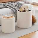 Ottoman with Storage Set of 2, Modern Round Pouf Foot Rest Ottoman Vanity Stool for Makeup, Portable Coffee Table Padded Seat for Living Room & Bedroom, Faux Teddy Fur (Beige)