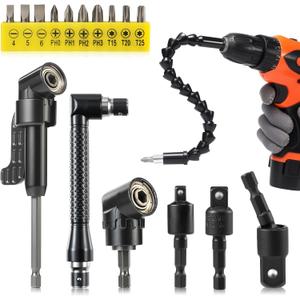 Right Angle Drill Adaptor,360 Rotatable 1/4 3/8 1/2" Impact Grade Socket Adapter Set,4-in-1 Impact Drill Bit Extension,105 Degree Right Angle Drill Attachment Sets for Household Workplace