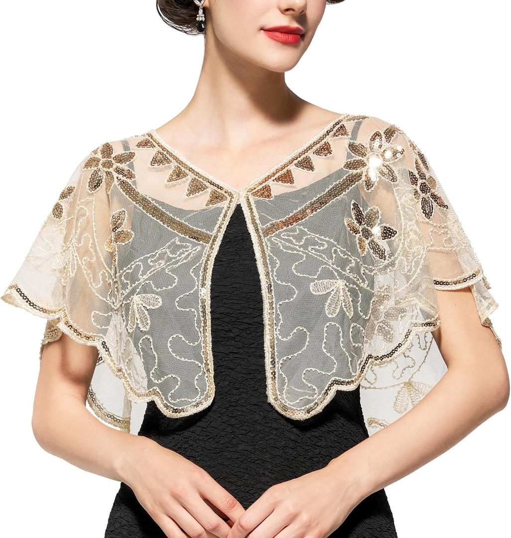 YESSA Women's 1920s Shawl Wraps,Sequin Flapper Evening Shawls for women Gatsby Accessories for Harlem Night (Beige)