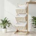 3 tier basket stand wicker storage basket, floor-standing basket organizer rack, Multipurpose Rattan Rack for Bedroom Living Room Kitchen, Holds Clothes Toys Books fruit, Bohemian Home Decor