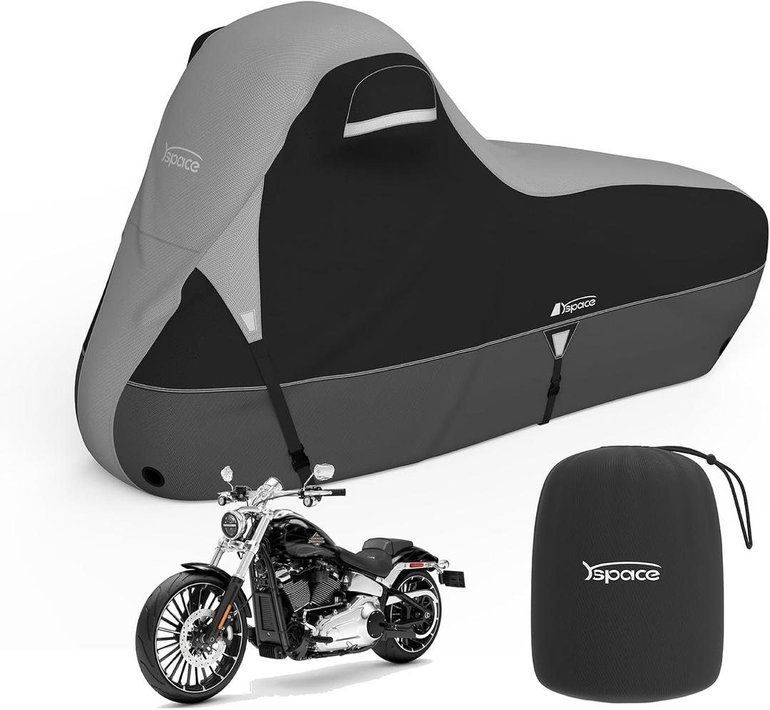 YSPACE 600D Heavy Duty Motorcycle Cover, All Season Waterproof, Sun Windproof Protection, Universal Fit for 96" XXL Vehicle Cover, Night Reflective Strips, Black/Gray