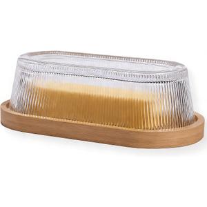 butter dish with lid, glass airtight lid keeps butter soft, for countertop and refrigerator. Covered butter dishes with, Made of glass and bamboo.