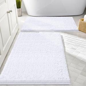Smiry Bathroom Rugs and Mats Set, 2 Piece Chenille Bath Mat Set, Machine Wash Dry, Non Slip Absorbent Shaggy Bath Rug for Bath Room, Shower and Tub (30" x 20"+24" x 16", White)
