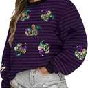 ASTANFY Womens Mardi Gras Sweatshirt Carnival Sequin Purple Sweater Masks Graphic Shirt Crewneck Long Sleeve Tops, Small