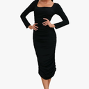 Womens Square Neck Cocktail Party Bodycon Dresses Back Slit Long Sleeve Dresses Midi Dresses Sexy Ruched Casual Dress L/XL