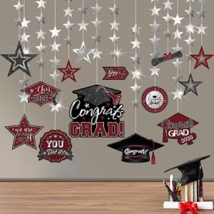 Yisong 14 Pcs Graduation Garland Class of 2026 Graduate Decoration Diploma Hat Star Congrats Garland Banner Congrats Grad Streamers Backdrop for Graduation Party Supplies College Grad Decor(Maroon)