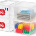 CNL-30E Multi-Use Plastic Storage Box, 30L, Pack of 4, Clear, Easy Close, Stackable, for Bedroom, Kitchen, Office, Bathroom, Clothing, Toy, BPA Free, CNL-30E