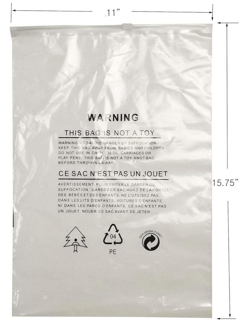 Suffocation Warning Clear Poly Bags Zip Lock w/Knob Reusable Reclosable, 5 Mil, Pack of 100 (11"x15.75" (28x40cm))